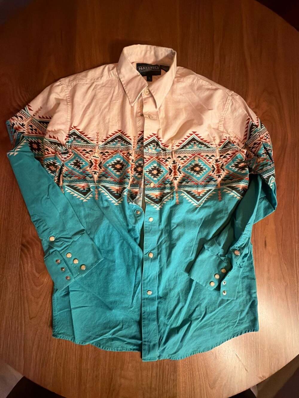 Panhandle Western Snap Shirt Size L Turquoise Aztec Border